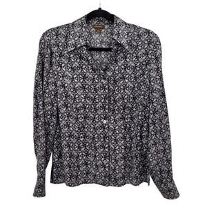 Tresori Silk Blouse Long Sleeve Spread Dagger Collar Button‎ Up S Gray Retro 70s